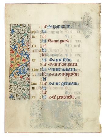 (ILLUMINATED MANUSCRIPT.) Vellum calendrical leaf depicting May with labor of the month Hawking.
